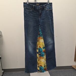 Lucky Brand Blue Flared Jeans with Turquoise & Yellow Floral Panel